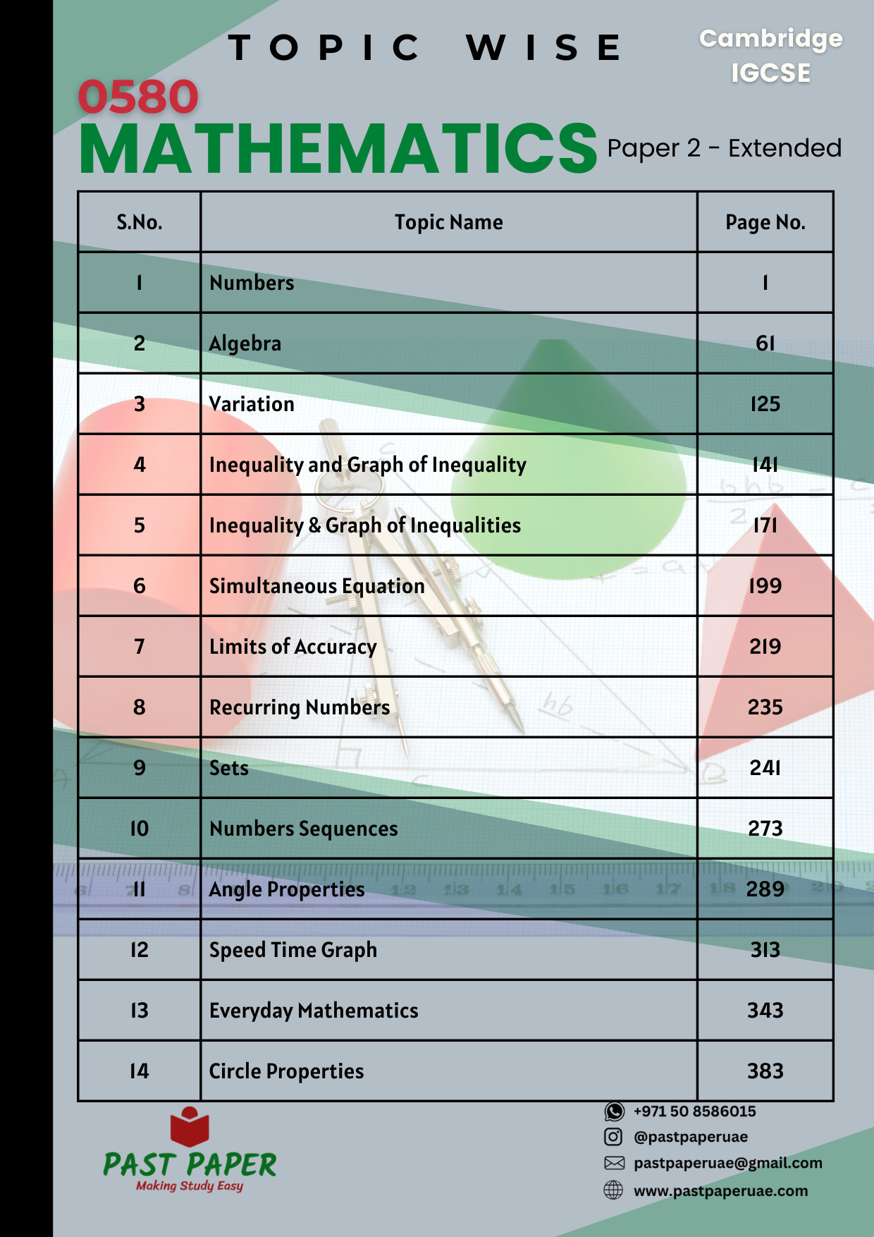 0580 - Mathematics - Paper 2 (Extended) - Topic Wise