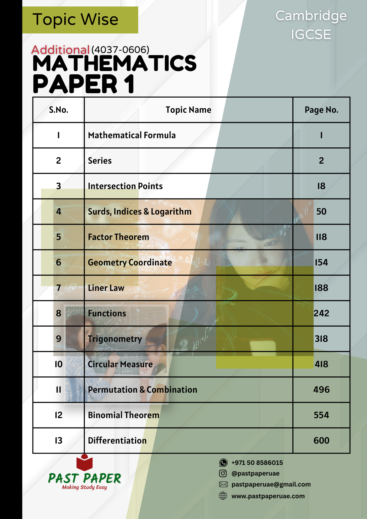 Additional Mathematics (4037-0606) - Paper 1 - Topic Wise