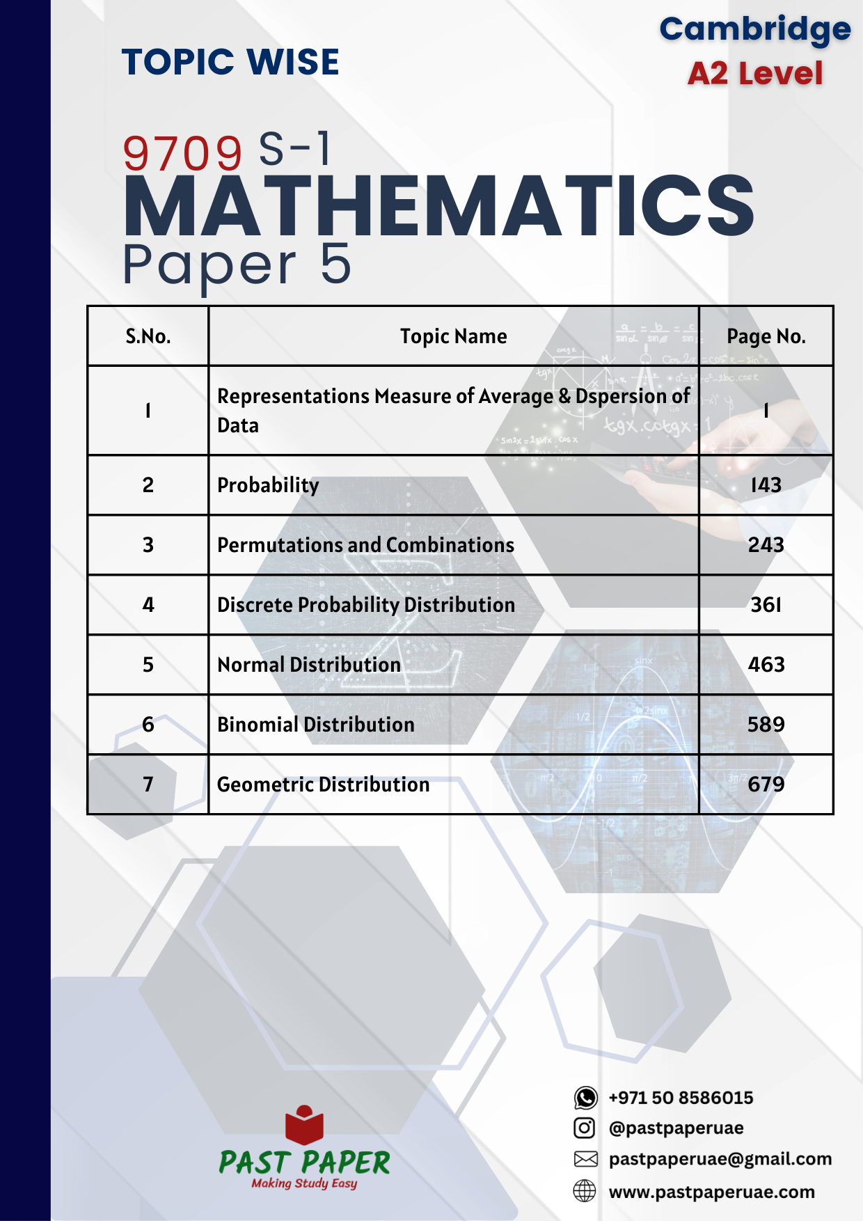 9709 (S1) – Mathematics - Paper 5 - Topic Wise